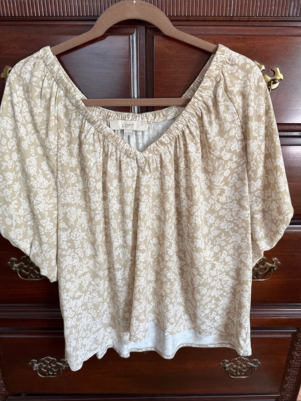 LOFT XL Cream Floral Gathered Neck Blouse